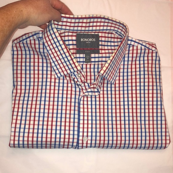 Bonobos Stretch Slim Fit Red White Blue Check Long Sleeve Button Down, 17.5/36. - Picture 3 of 10